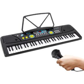 Pyle Portable 61 Key Piano Keyboard, Digital Musical Karaoke - Learning Keyboard for Beginners w/ Drum Pad, Recording, Microphone, Music Sheet Stand, Built-in Speaker, Wired Microphone, Black