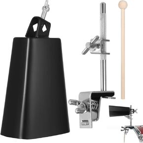 6in Cowbell with Clamp, Adjustment Cowbell Holder Percussion with Mount, Metal Cow Bell with Drum Stick&Adjustable Mounting Bracket, Noise Maker with Cowbell Clamp for Drumset, Percussion Accessories