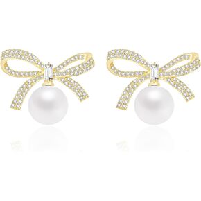 Dpvive Bow Drop Earrings for Women 14K Gold Plated Pearl Bow Earrings Dangle Drop Cubic Zirconia Earrings for Women Gift