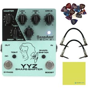 Tech 21 YYZ-SH Geddy Lee Shape-Shifter Signature SansAmp Pedal Bundle w/ 2x Strukture S6P48 Woven Right Angle Patch Cables, 12x Fender Picks and Liquid Audio Polishing Cloth
