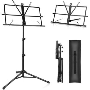 New Bee Music Stand for Sheet with Carrying Bag, Metal Sheet Music Stand Portable, Adjustable Podium Stand with Tripod Base and Sheet Music Folder - Black