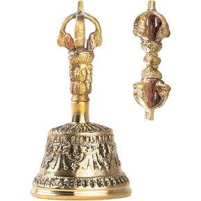 Tibetan Dharma Object Bell and Bajra Set - Alter Pray Singing Bowl Hand Bell Handmade Buddhist Meditation Bell by Himalayan Bazaar (14cm x 7.3cm)
