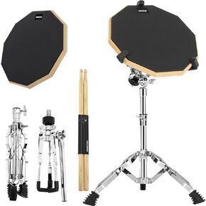 Drum Pad Stand Set with 12'' Double Sided Silent Drum Pad,5A Drum Sticks, Adjustable Snare Stand Black