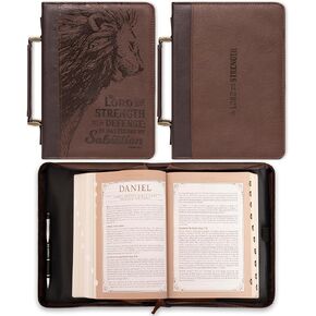 Christian Art Gifts Men's Classic Bible Cover The Lord Is My Strength Lion Exodus 15:2, Brown Faux Leather, XL