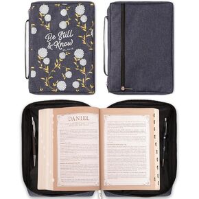 Christian Art Gifts Men/Women's Bible Cover Jesus Fish, Gray Canvas, Large