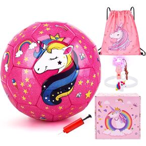 JYPS Size 3 Soccer Ball Girls, Glitter Unicorn Soccer Ball Gifts for Girls Kids Age 4-8 with Pump & Drawstring Bag, Unicorn Toys Gifts for Girls Age 3 4 5 6 7 8