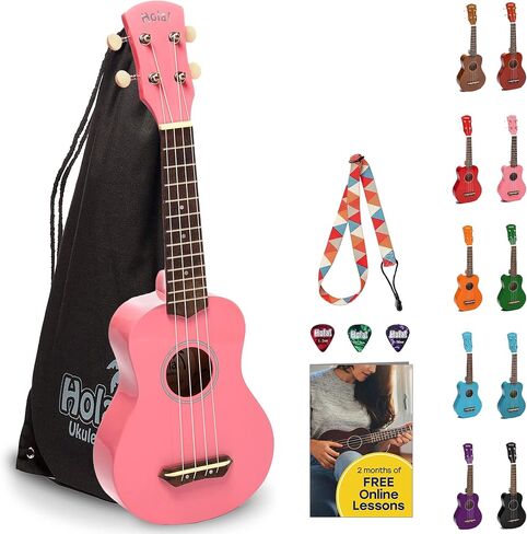 أولا! مجموعة Music HM-21PK Soprano Ukulele مع حقيبة حمل قماشية وحزام ولقطات، سلسلة ألوان، وردي in Kuwait
