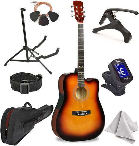 Master-play Beginner Full Size 41" Wood Cutaway All String Acoustic Guitar, With Bonus Accessories Kit; Case, Strap, Capo, Extra Strings, Picks, Tuner, Wash Cloth, Stand (Redburst) in Saudi Arabia