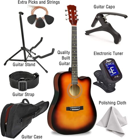 Master-play Beginner Full Size 41" Wood Cutaway All String Acoustic Guitar, With Bonus Accessories Kit; Case, Strap, Capo, Extra Strings, Picks, Tuner, Wash Cloth, Stand (Redburst) in Saudi Arabia
