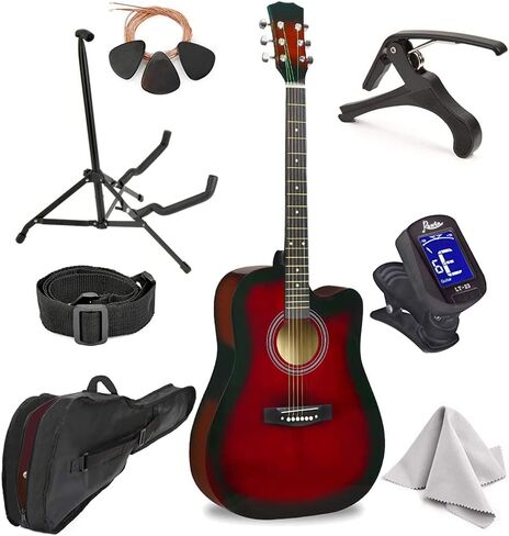 Master-play Beginner Full Size 41" Wood Cutaway All String Acoustic Guitar, With Bonus Accessories Kit; Case, Strap, Capo, Extra Strings, Picks, Tuner, Wash Cloth, Stand (Redburst) in Kuwait