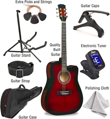 Master-play Beginner Full Size 41" Wood Cutaway All String Acoustic Guitar, With Bonus Accessories Kit; Case, Strap, Capo, Extra Strings, Picks, Tuner, Wash Cloth, Stand (Redburst) in Kuwait