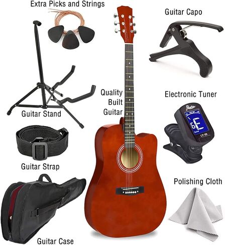 Master-play Beginner Full Size 41" Wood Cutaway All String Acoustic Guitar, With Bonus Accessories Kit; Case, Strap, Capo, Extra Strings, Picks, Tuner, Wash Cloth, Stand (Redburst) in Saudi Arabia