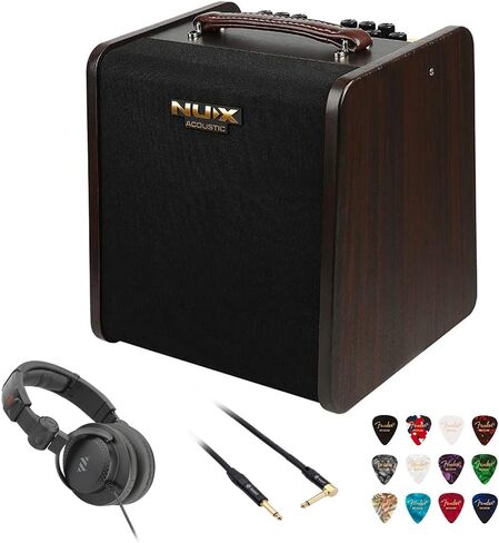 NUX Stageman II AC-80 Bluetooth Portable Acoustic Guitar Amplifier Bundle with Polsen HPC-A30-MK2 Studio Monitor Headphones, Kopul 10' Instrument Cable, and Fender 12-Pack Picks in Saudi Arabia