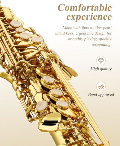 Eastar SS-Ⅱ سوبرانو ساكسفون Bb ساكس مسطح للطلاب المبتدئين المحترفين، قطعة قماش للتنظيف، حقيبة حمل، قطعة الفم، حزام الرقبة، القصب، حامل، ذهبي in Kuwait