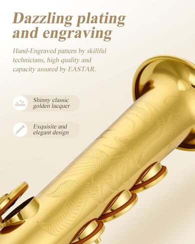 Eastar SS-Ⅱ سوبرانو ساكسفون Bb ساكس مسطح للطلاب المبتدئين المحترفين، قطعة قماش للتنظيف، حقيبة حمل، قطعة الفم، حزام الرقبة، القصب، حامل، ذهبي in Kuwait