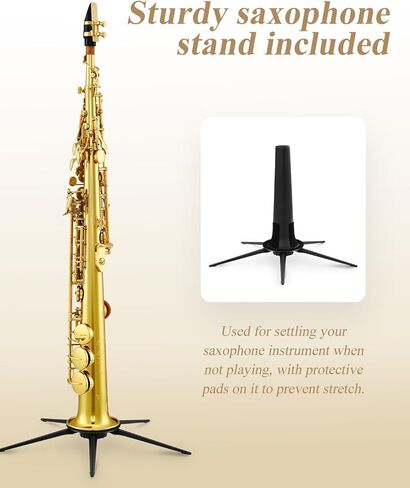 Eastar SS-Ⅱ سوبرانو ساكسفون Bb ساكس مسطح للطلاب المبتدئين المحترفين، قطعة قماش للتنظيف، حقيبة حمل، قطعة الفم، حزام الرقبة، القصب، حامل، ذهبي in Kuwait