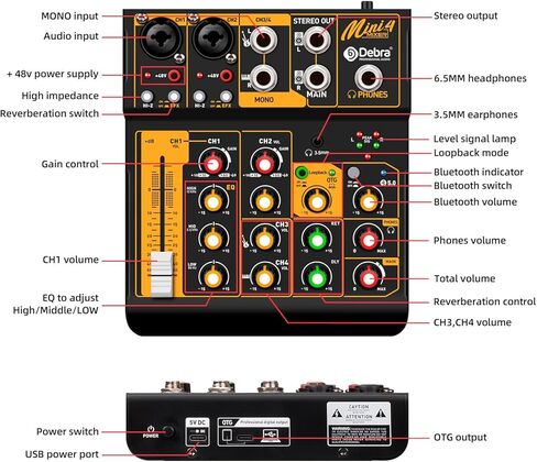 Audio Mixer D Debra Audio Mini4 Portable 4-Channel DJ Mixer Console, Sound Mixing Board with USB Bluetooth 48V Phantom Power, Audio Console for Live Wedding Party Recording Broadcast in Kuwait
