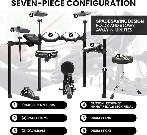 Electric Drum Set, Electronic Drum Set for Beginner with 150 Sounds, Drum Set for kids with 4 Quiet Electric Drum Pads, 2 Switch Pedal, Drum Throne, Drumsticks, On-Ear Headphones in Saudi Arabia