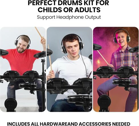 Electric Drum Set, Electronic Drum Set for Beginner with 150 Sounds, Drum Set for kids with 4 Quiet Electric Drum Pads, 2 Switch Pedal, Drum Throne, Drumsticks, On-Ear Headphones in Saudi Arabia