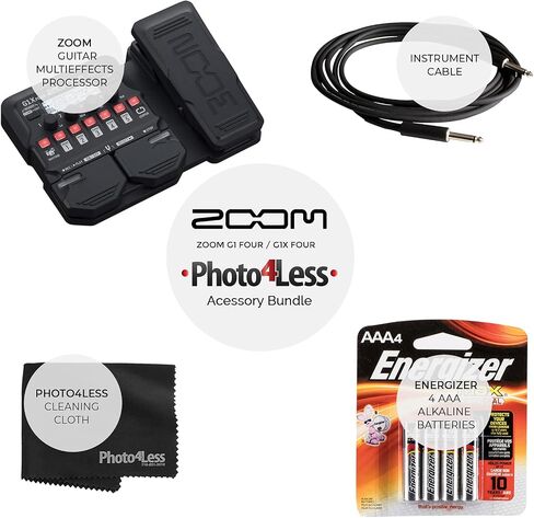 Zoom G1X Four Guitar Effects Processor with Built-In Expression Pedal - 70+ Built-in Effects, Amp Modeling, Looper, Rhythm Section, Tuner + 4x AA Batteries + Instrument Cable + Cleaning Cloth in Saudi Arabia