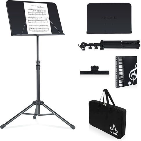 AODSK Sheet Music Stand,2 in 1 Dual-Use Folding Sheet Music Stand & Desktop Book Stand with Portable Carrying Bag & Music Sheet Clip Holder & Sheet Music Book(Black) (AS-M55) in Saudi Arabia