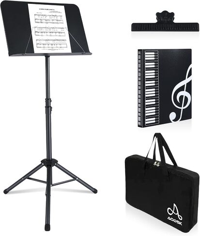 AODSK Sheet Music Stand,2 in 1 Dual-Use Folding Sheet Music Stand & Desktop Book Stand with Portable Carrying Bag & Music Sheet Clip Holder & Sheet Music Book(Black) (AS-M55) in Saudi Arabia