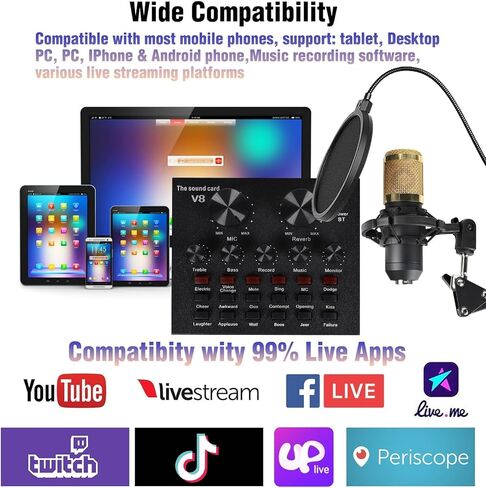 حزمة ميكروفون مكثف من MorTime، بطاقة صوت حية، ذراع ذراع قابل للتعديل، حامل للصدمات، مرشح ميكروفون معدني، غطاء مرشح إسفنجي، سماعة أذن، كابل طاقة وكابلات صوت، مجموعة مكونة من 11 مجموعة ميكروفون in Kuwait