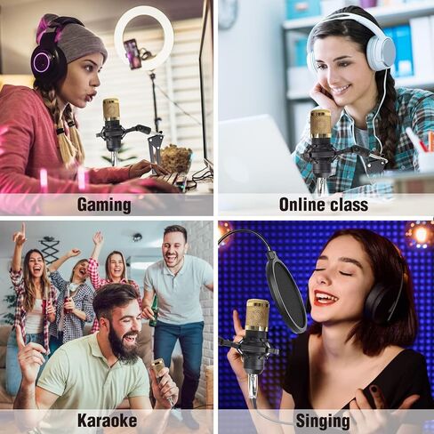 حزمة ميكروفون مكثف من MorTime، بطاقة صوت حية، ذراع ذراع قابل للتعديل، حامل للصدمات، مرشح ميكروفون معدني، غطاء مرشح إسفنجي، سماعة أذن، كابل طاقة وكابلات صوت، مجموعة مكونة من 11 مجموعة ميكروفون in Kuwait