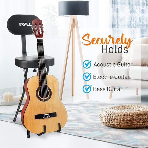 Pyle Seat with Padded Cushion-Heavy-Duty Ergonomic Backrest w/Fold Stand, Foot Rest, Collapsible Design, Holds Acoustic, Electric & Bass Guitars, 300 Lbs Max Load Capacity PYG60 in Saudi Arabia