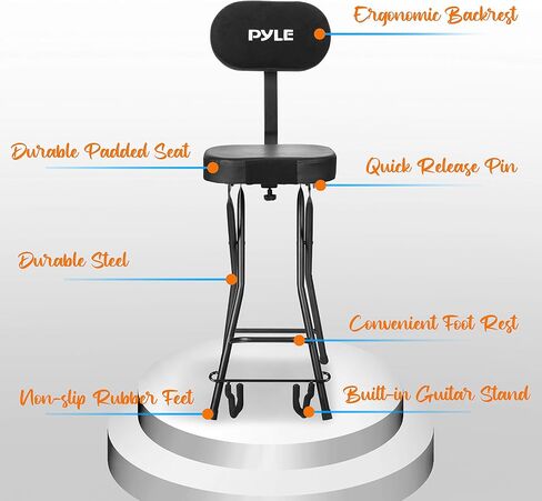 Pyle Seat with Padded Cushion-Heavy-Duty Ergonomic Backrest w/Fold Stand, Foot Rest, Collapsible Design, Holds Acoustic, Electric & Bass Guitars, 300 Lbs Max Load Capacity PYG60 in Saudi Arabia