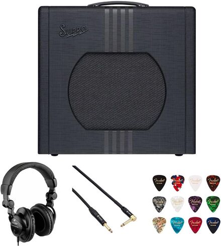 Supro Delta King 12، حزمة سوداء/سوداء مع سماعات رأس Polsen Studio Monitor، كابل Kopul Instrument 10 بوصات، أعواد جيتار Fender 12 حزمة in Kuwait