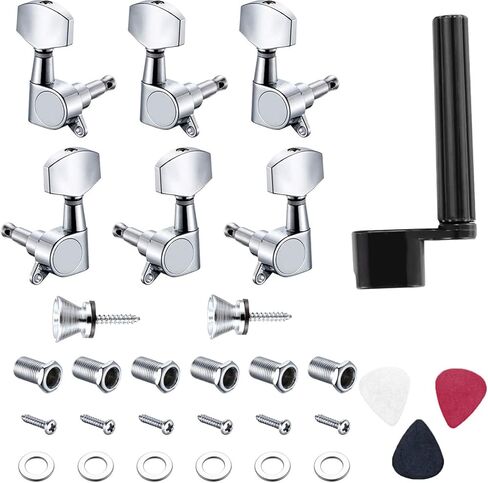 Canomo 6 Pieces Sealed Guitar String Tuning Pegs Keys 3 Left 3 Right Guitar Machine Heads Knobs With Strap Button Locks, Picks and Guitar String Winder (Black- 3R and 3L) in Saudi Arabia