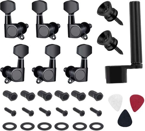 Canomo 6 Pieces Sealed Guitar String Tuning Pegs Keys 3 Left 3 Right Guitar Machine Heads Knobs With Strap Button Locks, Picks and Guitar String Winder (Black- 3R and 3L) in Saudi Arabia