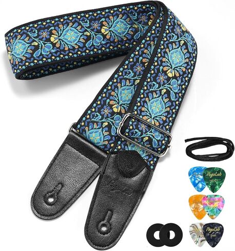 Guitar Strap, 2 inch Wide Jacquard Embroidery Cotton Adjustable Guitar Straps with Leather Ends, Soft & Comfortable, with Strap Locks & Picks, for Bass/Electric/Acoustic Guitar (Blue) in Saudi Arabia