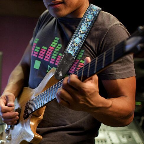 Guitar Strap, 2 inch Wide Jacquard Embroidery Cotton Adjustable Guitar Straps with Leather Ends, Soft & Comfortable, with Strap Locks & Picks, for Bass/Electric/Acoustic Guitar (Blue) in Saudi Arabia