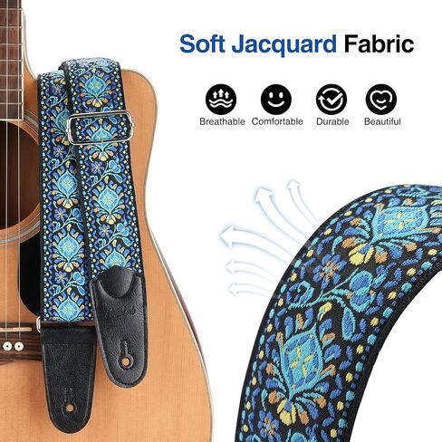 Guitar Strap, 2 inch Wide Jacquard Embroidery Cotton Adjustable Guitar Straps with Leather Ends, Soft & Comfortable, with Strap Locks & Picks, for Bass/Electric/Acoustic Guitar (Blue) in Saudi Arabia