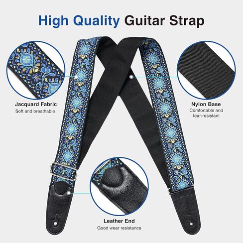 Guitar Strap, 2 inch Wide Jacquard Embroidery Cotton Adjustable Guitar Straps with Leather Ends, Soft & Comfortable, with Strap Locks & Picks, for Bass/Electric/Acoustic Guitar (Blue) in Saudi Arabia