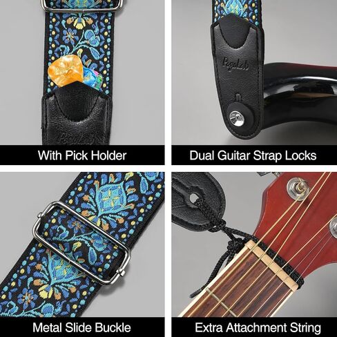 Guitar Strap, 2 inch Wide Jacquard Embroidery Cotton Adjustable Guitar Straps with Leather Ends, Soft & Comfortable, with Strap Locks & Picks, for Bass/Electric/Acoustic Guitar (Blue) in Saudi Arabia
