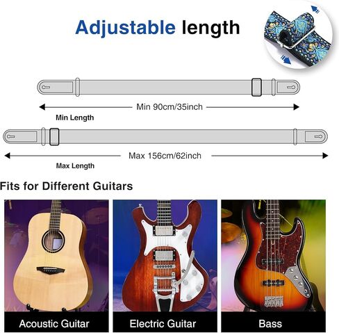 Guitar Strap, 2 inch Wide Jacquard Embroidery Cotton Adjustable Guitar Straps with Leather Ends, Soft & Comfortable, with Strap Locks & Picks, for Bass/Electric/Acoustic Guitar (Blue) in Saudi Arabia