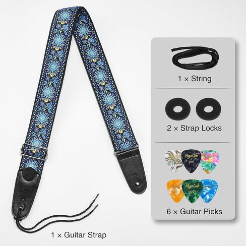 Guitar Strap, 2 inch Wide Jacquard Embroidery Cotton Adjustable Guitar Straps with Leather Ends, Soft & Comfortable, with Strap Locks & Picks, for Bass/Electric/Acoustic Guitar (Blue) in Saudi Arabia