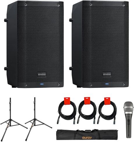 مجموعة مكبرات الصوت النشطة لتعزيز الصوت PreSonus AIR10 ثنائية الاتجاه (زوج) مع ميكروفون Polsen M-85 Prof، وحقيبة حامل مكبر صوت Auray مقاس 51 بوصة، وحامل مكبر صوت Auray Steel، وكابل 3X XLR-XLR in Kuwait