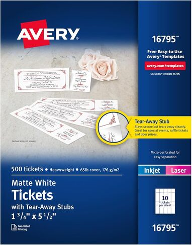 Avery Printable Tickets with Tear-Away Stubs, 1.75" x 5.5", Matte White, 500 Blank Tickets for Laser and Inkjet Printers (16795) in Kuwait