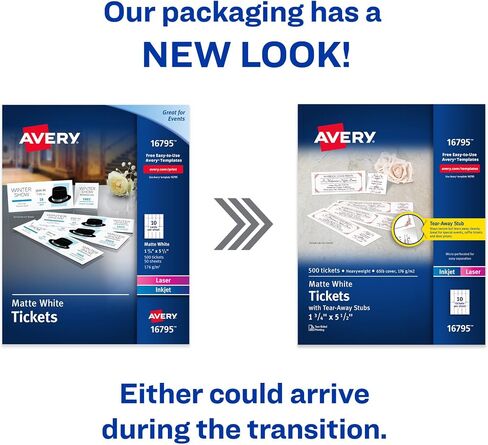 Avery Printable Tickets with Tear-Away Stubs, 1.75" x 5.5", Matte White, 500 Blank Tickets for Laser and Inkjet Printers (16795) in Kuwait