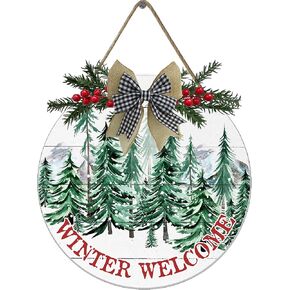 VELLOW Winter Front Door Welcome Sign, Merry Christmas Wooden Welcome Door Sign, Christmas Winter Pine Tree Welcome Wreath 12x12 inches