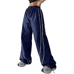 OYOANGLE Women's Parachute Pants Elastic Waist Baggy Cargo Pants Straight Leg Sweatpants Streetwear