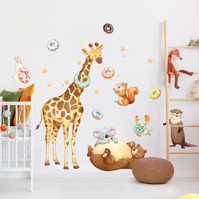 Cartoon Animals Wall Decals Giraffe Bear Squirrel Rabbit Playing Ringtoss Game Wall Stickers Peel and Stick Wall Art for Kids Bedroom Living Room Nursery Playroom Classroom Wall Decor