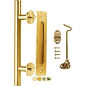 Rio Salto 12-Inch Gold Barn Door Handle Kit with Latch Lock Set Closet Door Handle Brass Finish Pull Handle Flush Handles Hardware Large Sliding Door Handles 1-Door (Gold - 1Pack w/Lock)