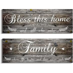 Kercan Wooden Family Signs Set of 2 Rustic Bless This Home Family Wooden Sign Decor Wall Art Farmhouse Entryway Decoration for Bedroom Living Room, 13.8 x 4.7 Inch, White