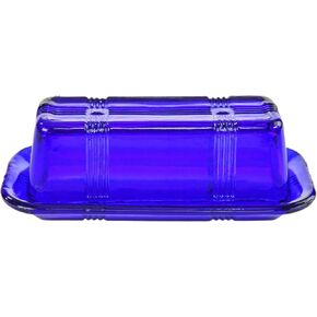 Home-X Glass Butter Dish with Lid - Vintage Style Butter Keeper for Countertop, Retro Butter Container with Cover, Dishwasher Safe Butter Holder, 6 3/4" L x 3 1/4" W x 2 1/2" H, Blue