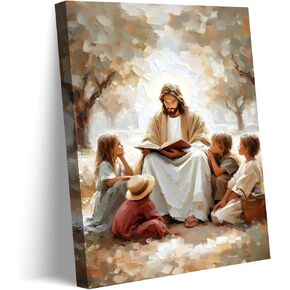 Jesus With Children Canvas Wall Art Christian Kids Room Wall Decor Picture Jesus Teaching Children Watercolor Poster Print for Kids Room Bedroom Church Decorations Ready To Hang